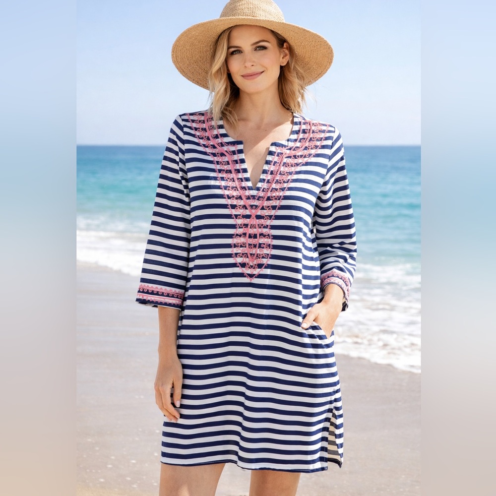 Mudpie Swim Suit Cover Up Beach Dress Small Blue White Striped Pink Embroidered